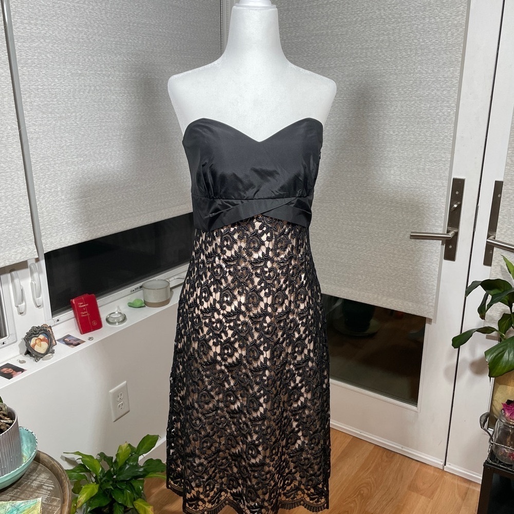 White House Black Market Black Strapless Dress with black lace overlay. Size 4